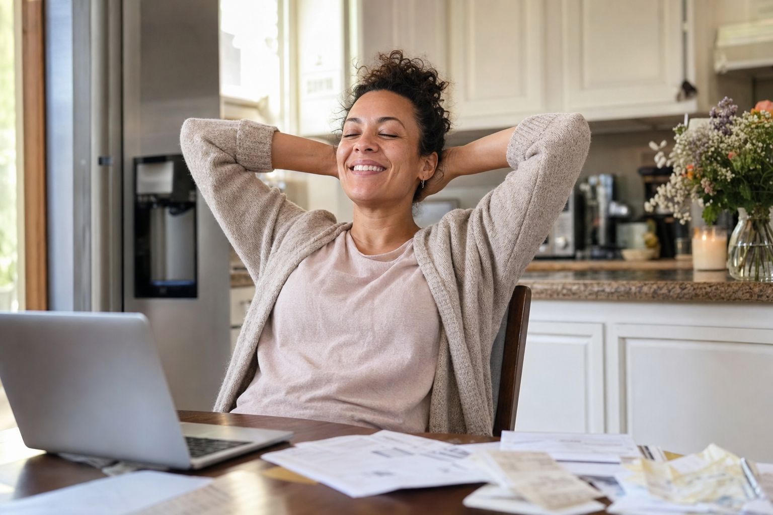 Relieved borrower at kitchen table